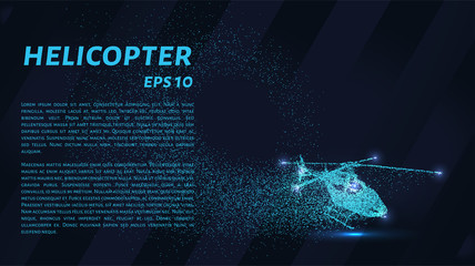 Naklejka premium The helicopter of the particles. The helicopter consists of dots and circles. Blue helicopter on a dark background.