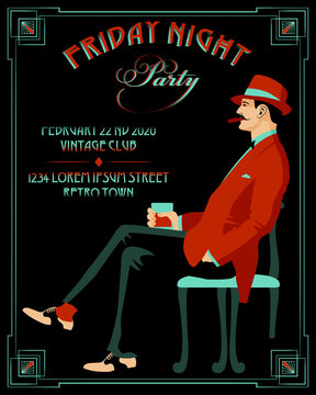 Gentleman with a glass of whiskey and a cigar. Retro Party invitation card. Handmade drawing vector illustration. Art Deco style.
