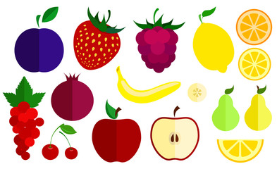 Set of flat vector icons of berries and fruits. Collection of various berries and fruits.