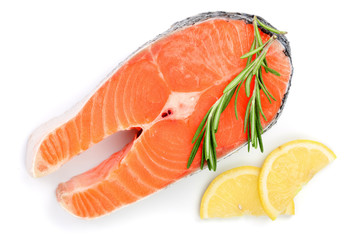 Slice of red fish salmon with lemon and rosemary isolated on white background. Top view. Flat lay