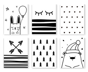 Set of scandinavian design patterns,vector art graphic.Black white cards with cute cartoon doodle animal characters,nordic seamless background textures for baby prints,textile,postcards,decorations