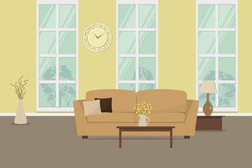 Yellow living room with a beige sofa. There is also a table with flowers and vase with decorative branches on a window background in the image. There is a clock on the wall here. Vector illustration