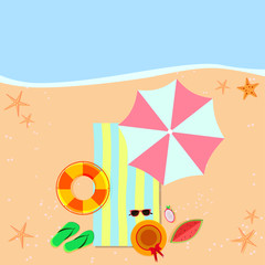 Top view on summer objects near the sea beach. Vector illustration of summer vacation.