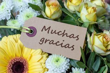 Thank you /Bouquet of yellow and white roses, gerberas, chrysanthemums and greeting card with...