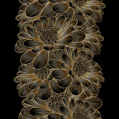Golden seamless hand-drawing floral background with flower chamomile . 