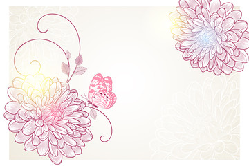 Hand-drawing floral background with flower chrysanthemum and butterfly . Stylish greeting card.