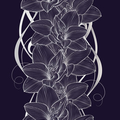 Silver seamless hand-drawing floral background with flower amaryllis. 
