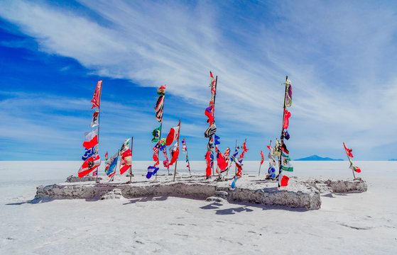 Viewon flags of nations all over the world by Uyuni - Bolivia