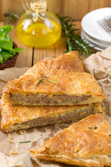 Meat pie with puff pastry, minced beef and potatoes