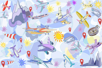 Vector seamless pattern with fantasy airplanes, clouds and travel destinations. Abstract travel or holidays background. Hand drawn.