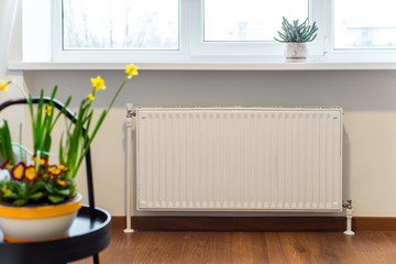 Heater radiator in the room. Window, flowers.