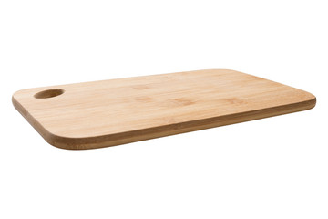 wooden cutting board on white background, side view