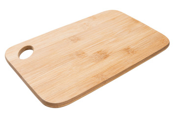 wooden cutting board on white background, side view