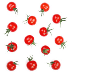 Cherry small tomatoes isolated on white background with copy space for your text. Top view. Flat lay