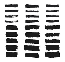 Collection of grunge rectangle brush strokes. Painted stripes set. Black ink hand drawn texture. Lines isolated on white background