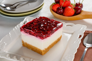Delicious cheesecake with berries,fresh strawberry and cherry cheesecake on table.