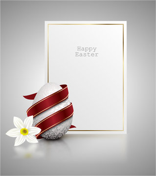 White color realistic egg with silver metallic floral pattern and red ribbon. White narcissus flower on light grey background with reflection. Vintage banner, card. Happy Easter card design.