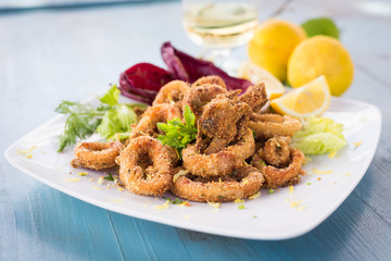 Piatto di calamari fritti, cucina mediterranea