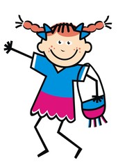 girl with purse, happy kid, vector icon, single wench