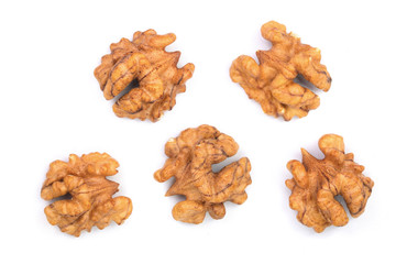 walnut kernels isolated on white background. Top view. Flat lay