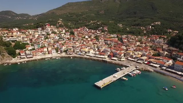 Aerial video of Parga in Greece with beatch and harbour