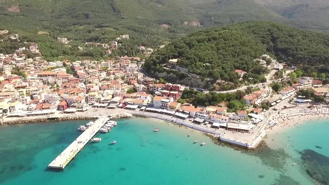 Aerial video of Parga in Greece with beatch and harbour