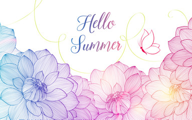 Abstract  colorful summer hand drawn floral pattern with dahlias flowers and butterfly.