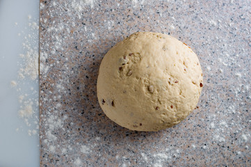 Fototapeta na wymiar Homemade dough, semisweet dough with raisins, honey and various seeds