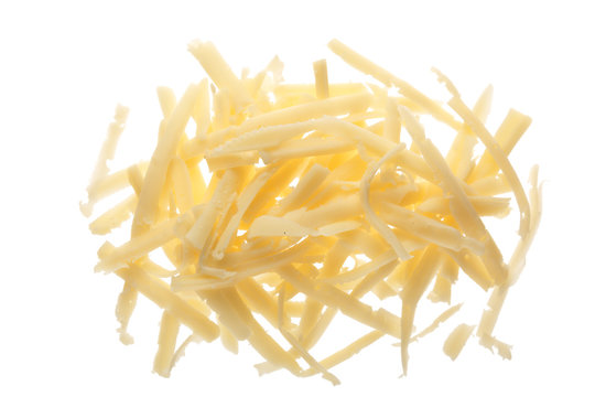 grated cheese isolated on white background. Top view