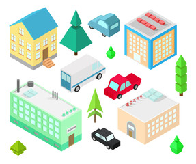 Set of different isometric buildings. Car, green bushes, tree. Vector illustration isometric style.