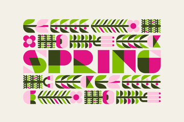 Fototapeta na wymiar Spring poster with flowers and wild herbs in flat style