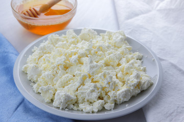 Fresh cottage cheese with honey on a white background, soft cheese with a blue napkin, dairy product with honey, healthy food, French breakfast, American cuisine, minimalism, curd with goat milk