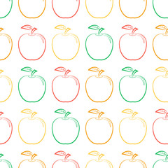 Seamless pattern from outline colorful ripe apples with a leaf 