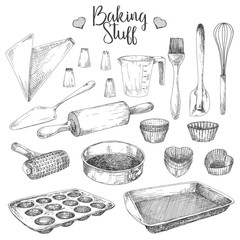 Set of dishes for baking. Baking stuff Vector illustration in sketch style.
