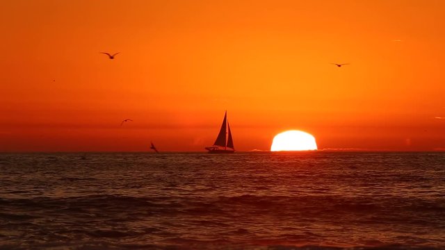 Sailboat glides across the water during orange sunset