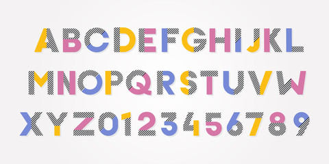 Vector trendy cheerful alphabet font and numbers