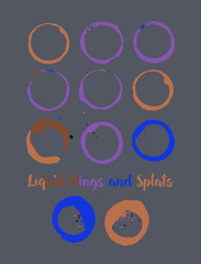 Coffee Rings and Splats. Vector Vintage Coffee Shop Logo Stamp. Colorful Water Splatter. Round Borders, Frames, Cup, Mug Stains, Liquid Coffee Rings, Watercolor Splats. Dark Grey, Orange, Blue Frames