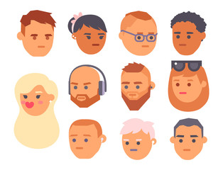 Eemotion vector people faces cartoon emotions avatar illustration. Woman and man emoji face icons and emoji face cute symbols. Human people emoji face happy emoji facial character symbols