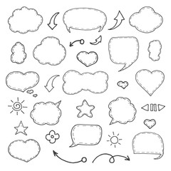 Think and talk speech bubbles. Artistic collection of hand drawn doodle style comic balloon, cloud and heart. Vector illustration in sketch style.