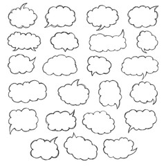 Think and talk speech bubbles. Artistic collection of hand drawn doodle style comic balloon, cloud and heart. Vector illustration in sketch style.