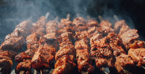 grilled barbecue meat on skewers with smoke