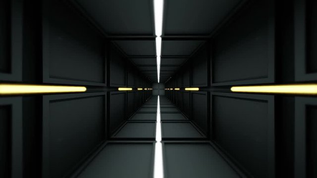 Flythrough a Science Fiction Tunnel with opening Gates and ending on a white Screen at the End