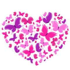 Plakat beautiful pink butterflies, heart, isolated on a white
