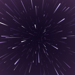 Ultraviolet light of moving stars with speed zoom. Ultra violet abstract vector background with Star Warp or Hyperspace space travel.