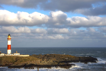 Obraz premium Boddam lighthouse, Scotland, United Kingdom. February 2018. Buchan Ness lighthouse.