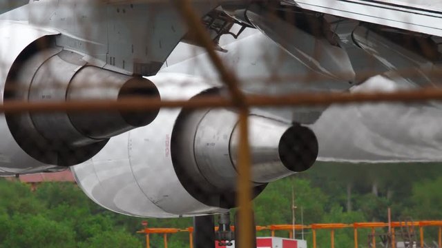 Engine and gear of airplane close up