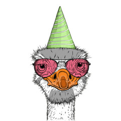Hipster ostrich in Happy Birthday's cap. Vector illustration