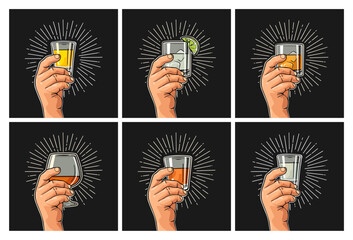 Male hand holding glass brandy, tequila, gin, vodka, rum, whiskey. - obrazy, fototapety, plakaty