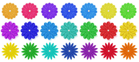 Set of colorful paper flowers with shadows, isolated on white background