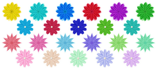 Set of colorful paper flowers with shadows, isolated on white background